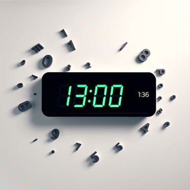 A unique and artistic clock design featuring scattered numbers, with the current digital time displayed in the center in a bright green color