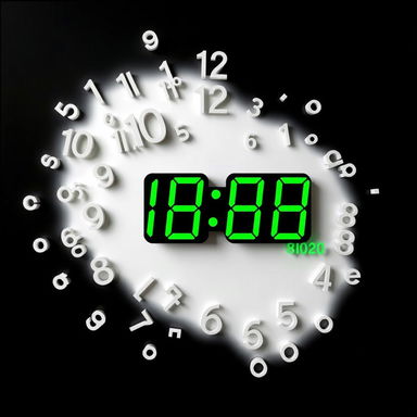 A unique and artistic clock design featuring scattered numbers, with the current digital time displayed in the center in a bright green color