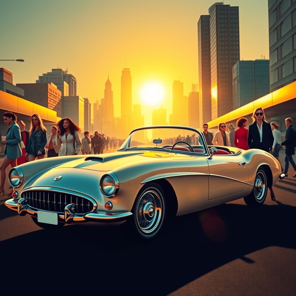 An artistic interpretation of a classic car inspired by the legendary designer and iconic fashion figure, featuring smooth curves, elegant lines, and a luxurious finish