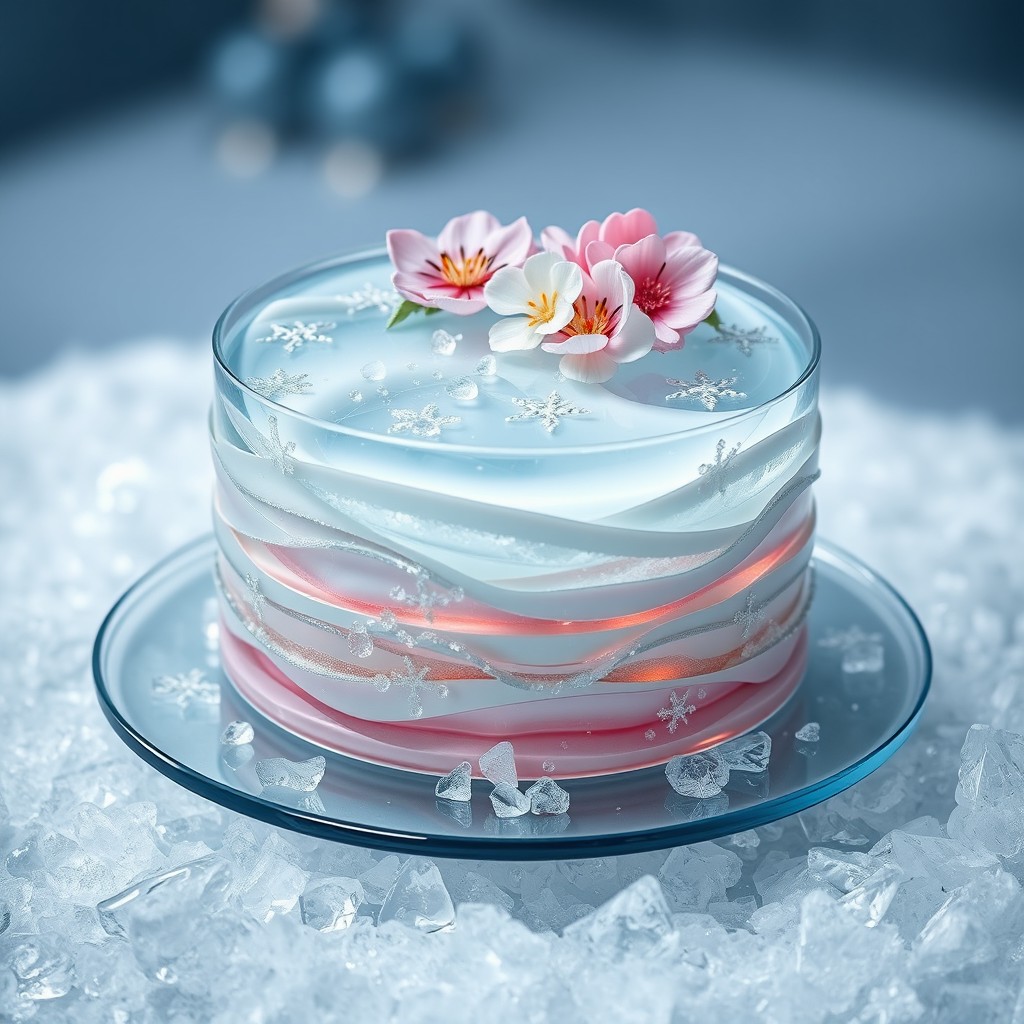 An exquisite glass ice cake, intricately designed with layers of transparent glass-like icing that glistens as though frozen