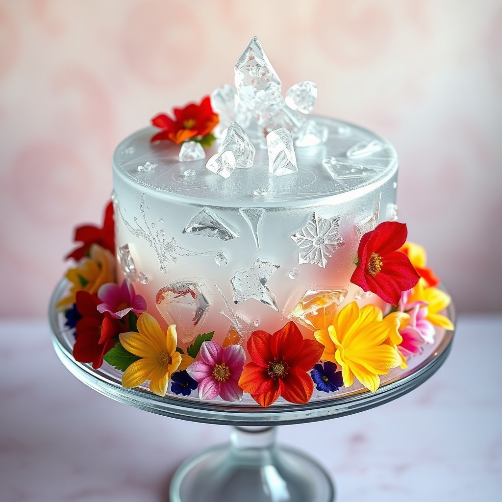 A beautifully decorated glass ice cake, showcasing a stunning array of intricate designs