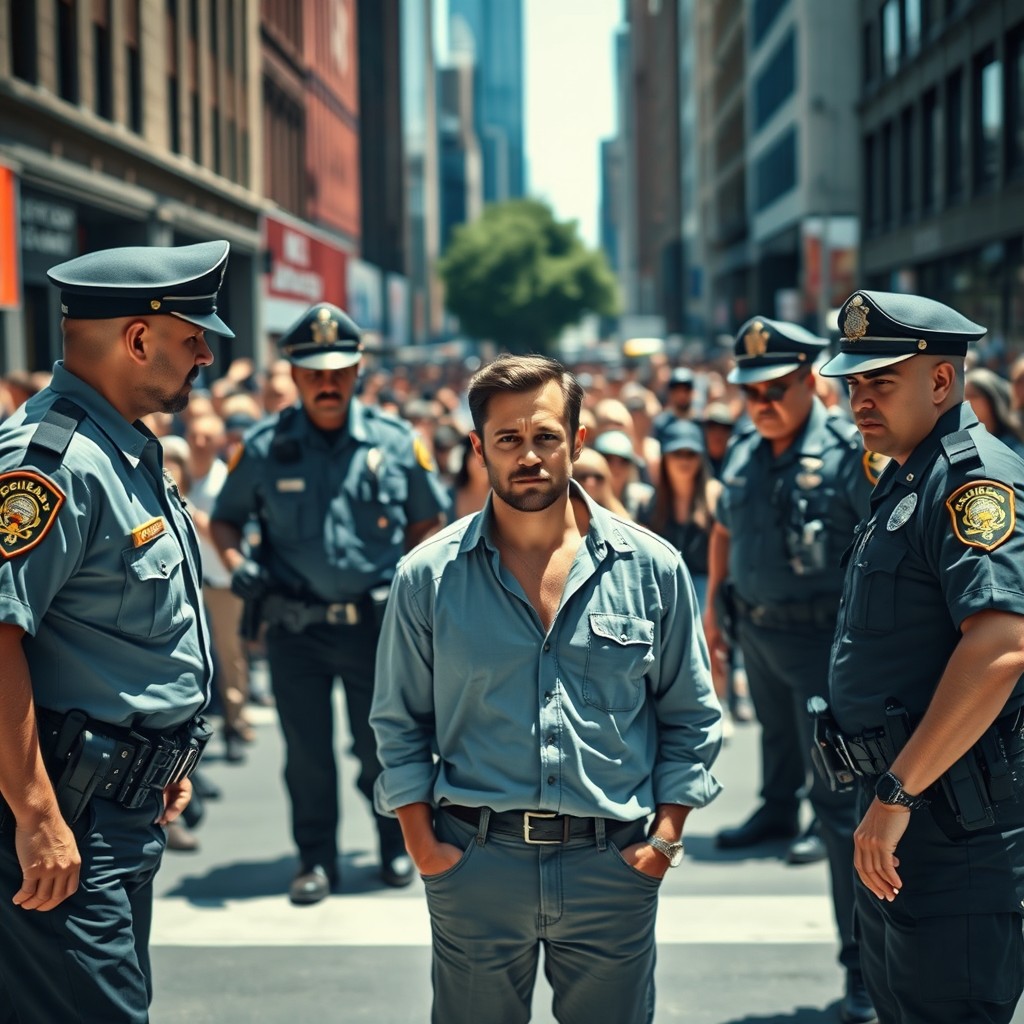 A scene depicting a man standing in the center, surrounded by four police officers in a busy urban environment