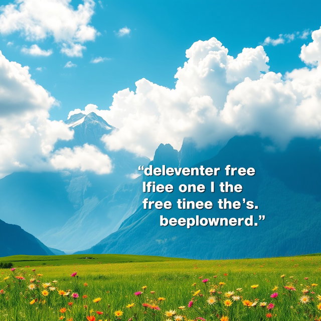 A vibrant and eye-catching poster design featuring a dramatic landscape that includes towering, mist-covered mountains under a blue sky adorned with fluffy white clouds
