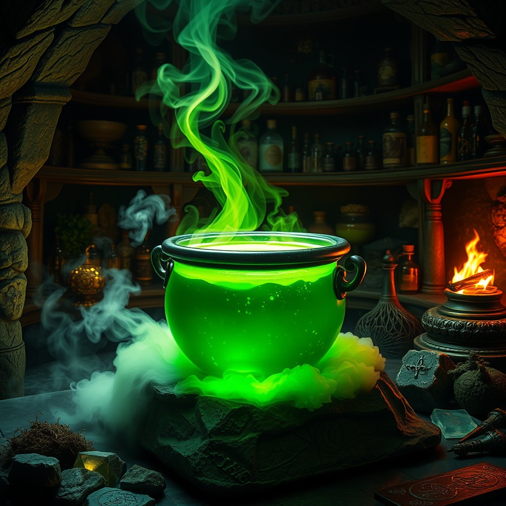 A mystical green potion bubbling in a glass cauldron, surrounded by enchanting herbs and glowing crystals
