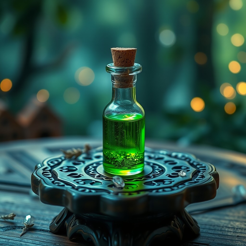A tiny green potion contained within a delicate glass vial, resting on an intricately designed wooden table