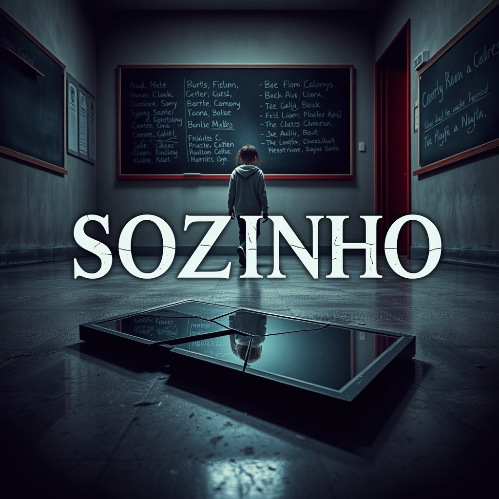 A broken mirror lying on the floor of an abandoned classroom, reflecting the silhouette of a teenager seen from behind, walking away down an empty corridor