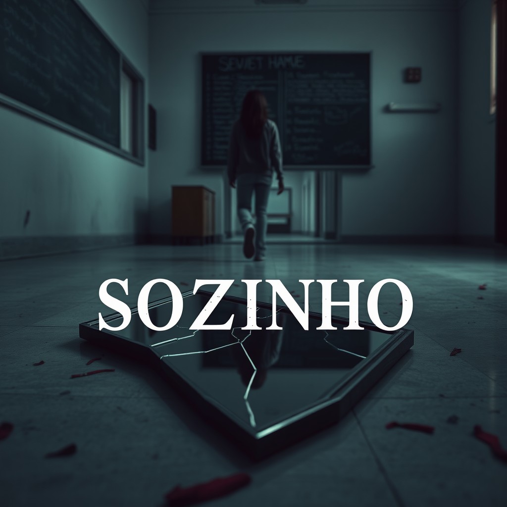 A broken mirror lying on the floor of an abandoned classroom, reflecting the silhouette of a teenager seen from behind, walking away down an empty corridor
