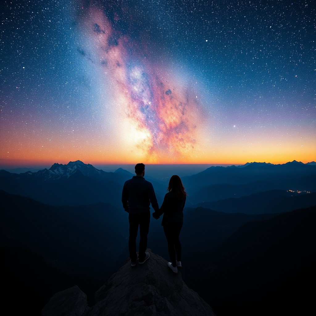 A picturesque silhouette of a man and a woman holding hands at the summit of a majestic mountain, gazing across a breathtaking valley below