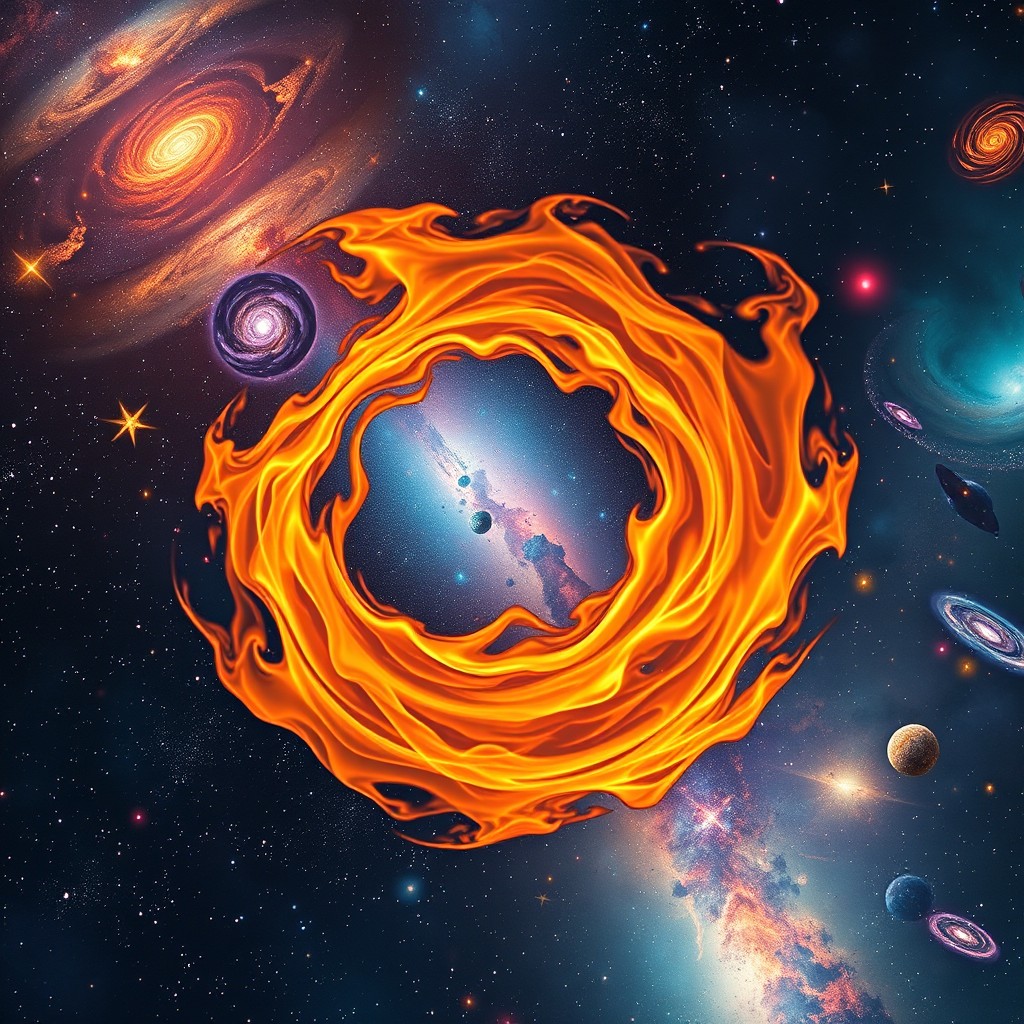 A mesmerizing scene of the cosmic universe with flames twirling gracefully in the sky, surrounded by a tapestry of colorful stars and swirling galaxies