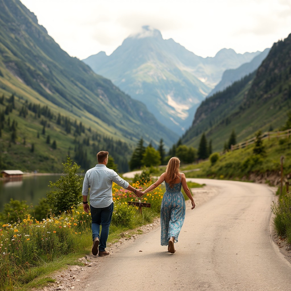 A romantic scene of a couple, a man and a woman, walking hand in hand along a winding road through a picturesque mountain valley