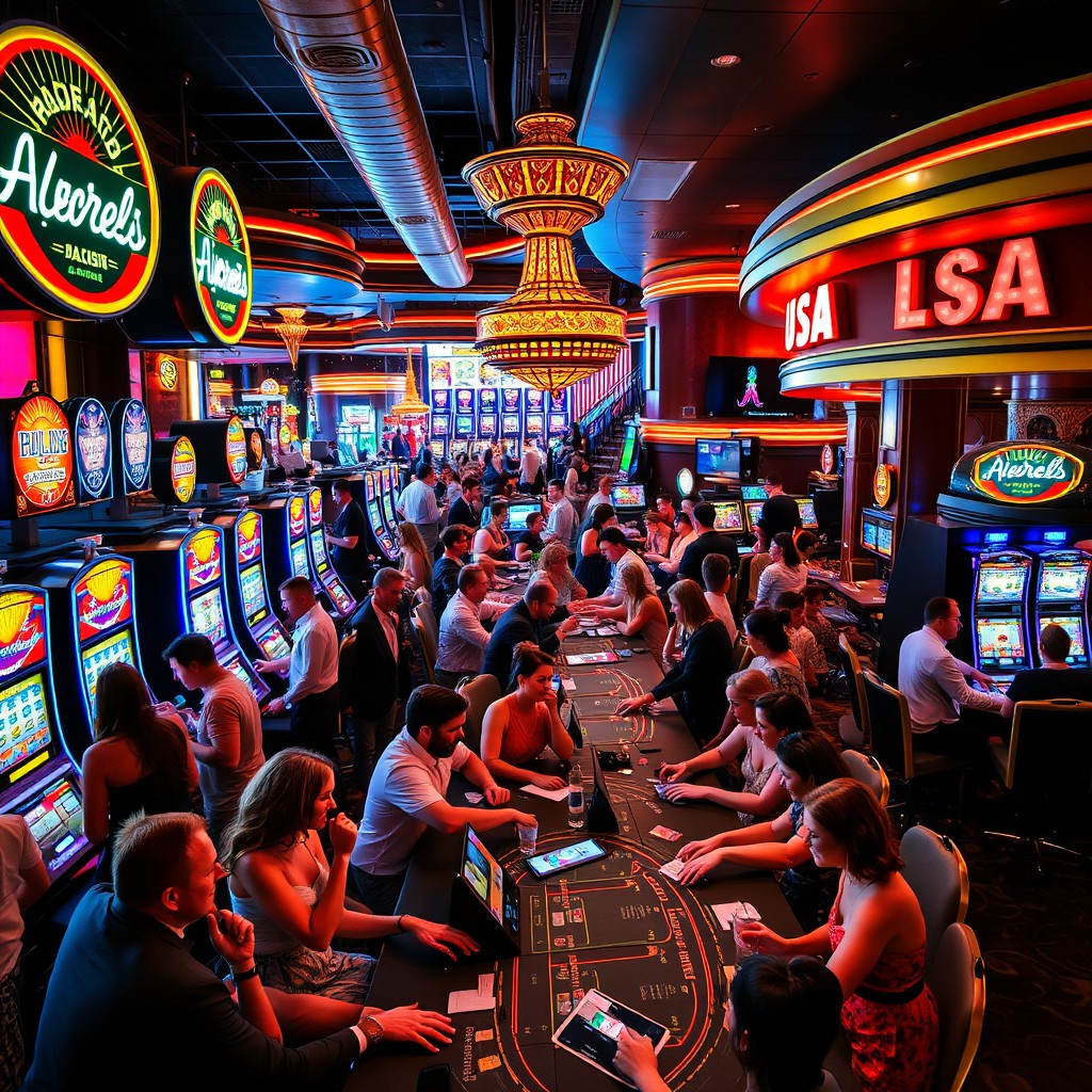 A vibrant, bustling USA casino scene at night, filled with lively people engaging in various games