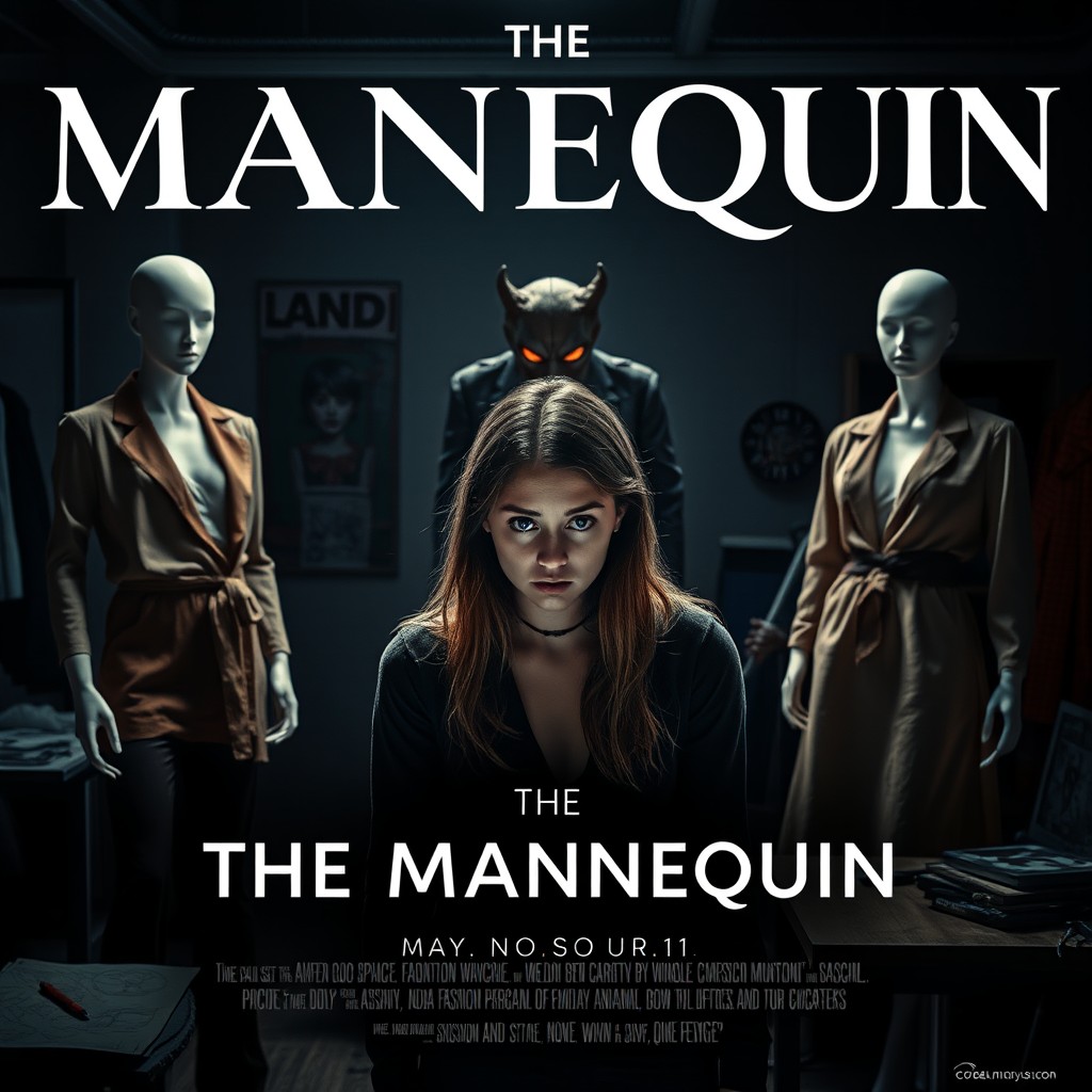 A dramatic movie poster titled 'THE MANNEQUIN', featuring a young female fashion student looking distressed as she works on her final year project in a fashion studio