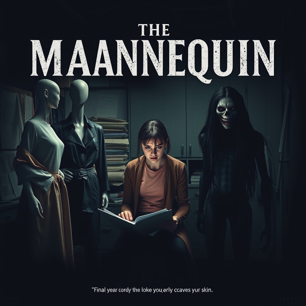 A chilling movie poster titled 'THE MANNEQUIN', showcasing a young female fashion student in a cramped, dimly lit studio, desperately working on her final year project