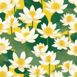 A bright yellow background featuring numerous delicate white lotuses.