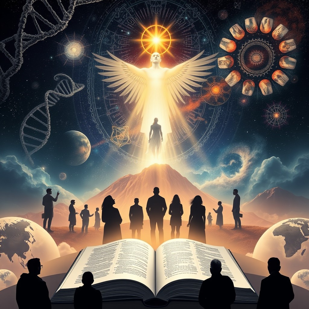 A complex and philosophical visual representation of the relationship between religion, God, and science