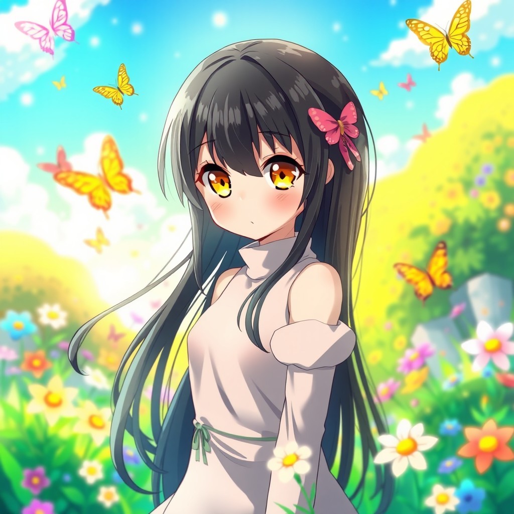 Anime girl with long black hair and bright yellow eyes, wearing a dress with a high neck