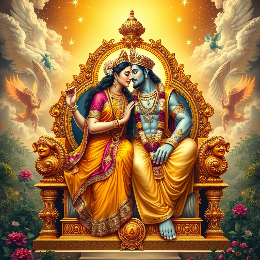 A beautiful depiction of Hindu goddess Devi and Lord Dev sitting together on an ornate golden throne in Swarglok, the celestial realm