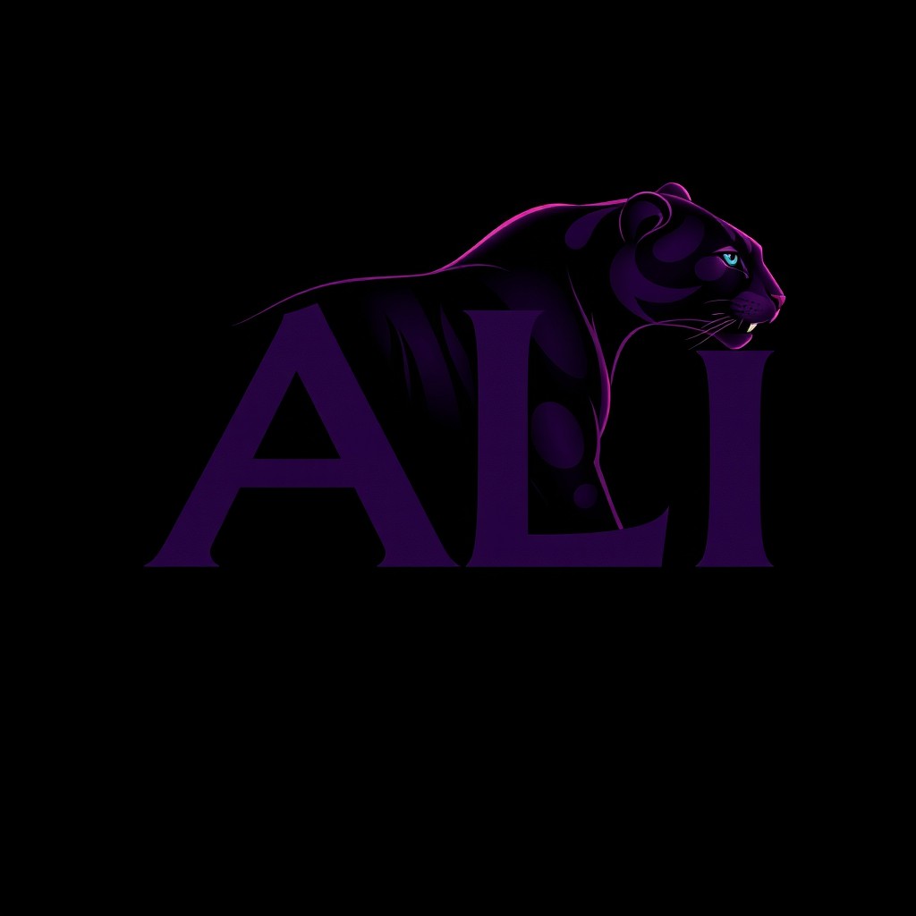 The word 'ALI' artistically rendered in dark purple, prominently positioned on the side of a striking black and dark pink panther
