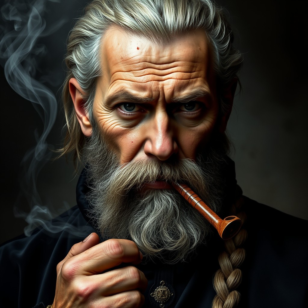 A medium shot portrait of a 40-year-old nobleman, viewed from the waist up, featuring ash-white hair styled in a tight braid and a weathered beard
