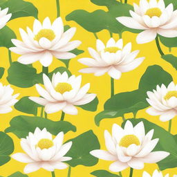 A bright yellow background featuring numerous delicate white lotuses.