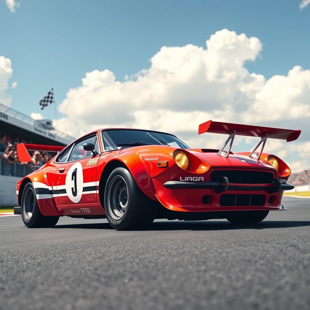 A sleek racing car inspired by the Datsun 710, featuring a vibrant, shiny paint job, racing stripes along the sides, and a sporty spoiler at the back