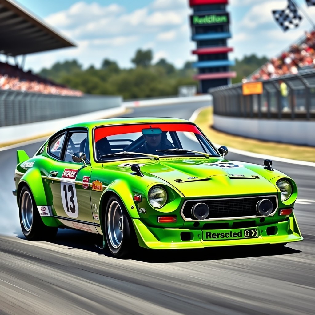 A racing car inspired by the Datsun 710, painted in a striking green color with glossy finish