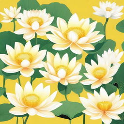 A bright yellow background featuring numerous delicate white lotuses.