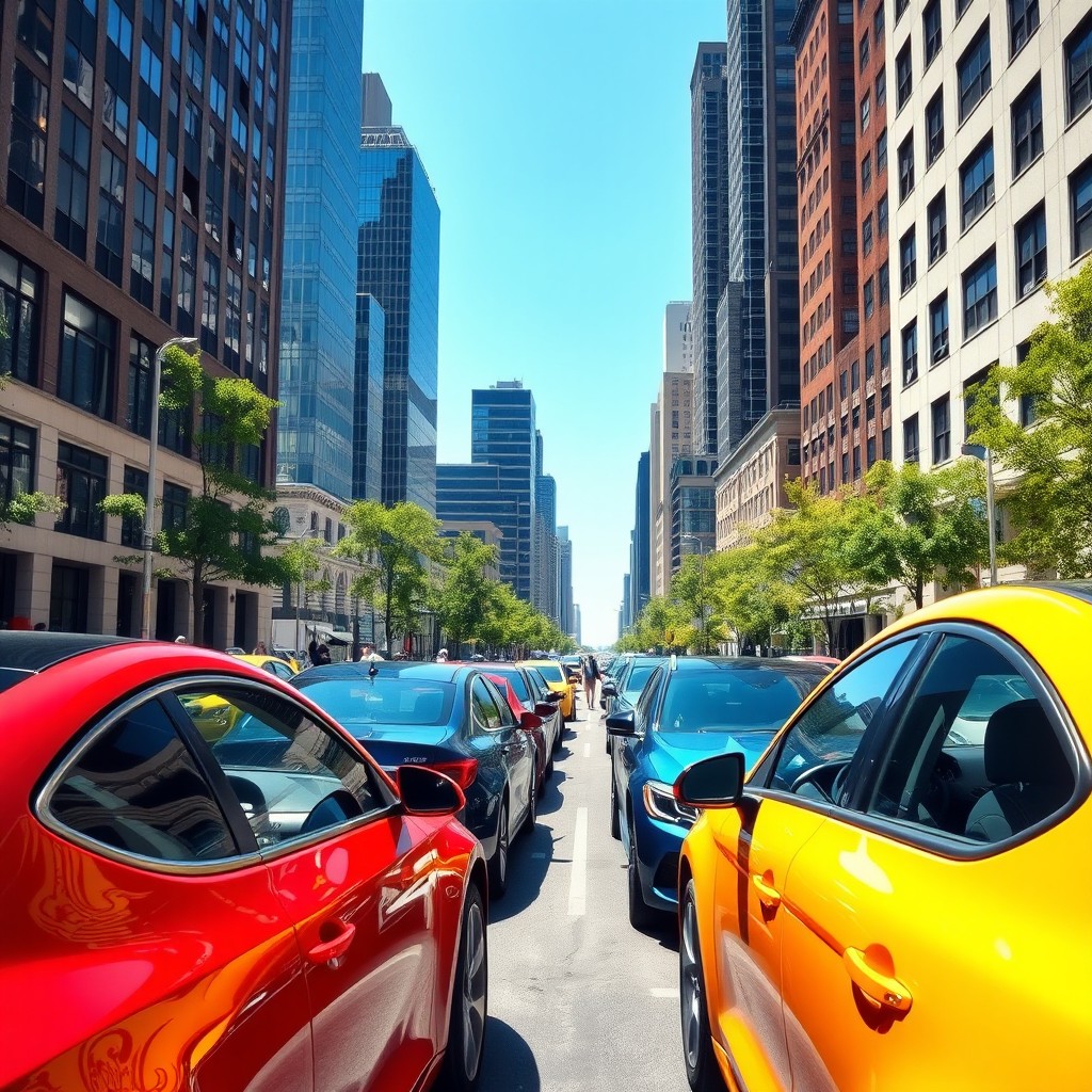 A vibrant city street scene featuring various colorful cars parked alongside the road