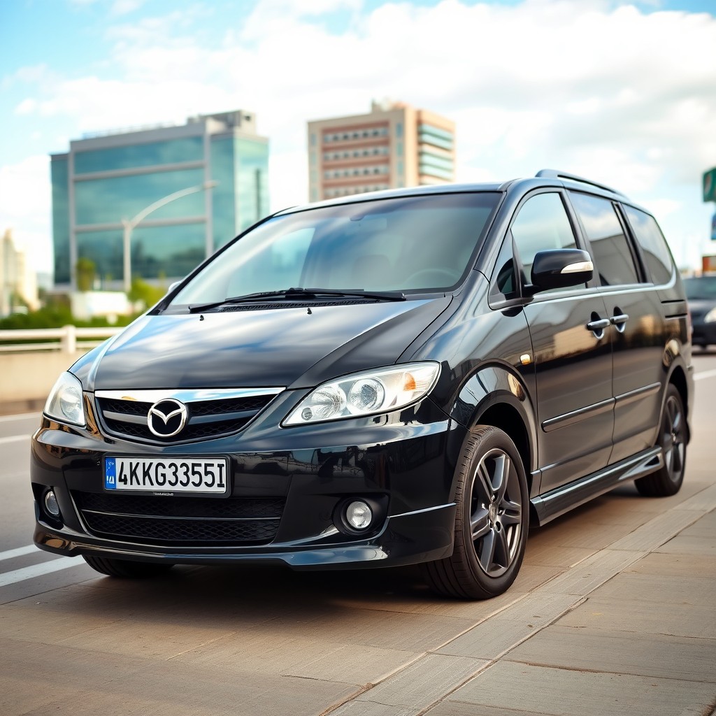 A sleek black 2003 Mazda MPV parked in an urban environment, showcasing its modern design and contours