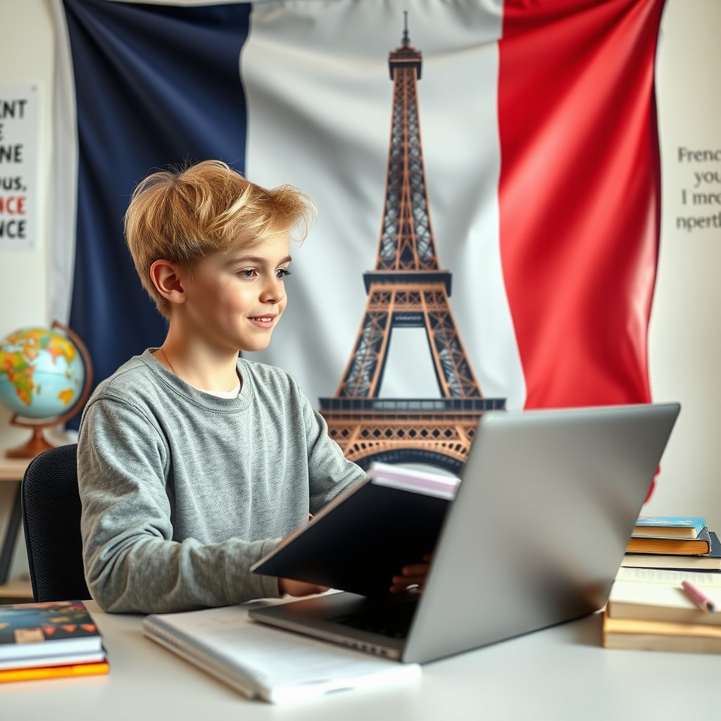 A 16-year-old blonde boy passionately studying the French language at a desk