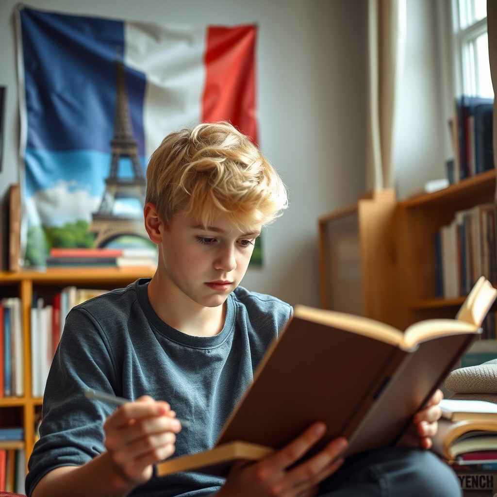 A 16-year-old blonde boy studying French from a book, focused and serious