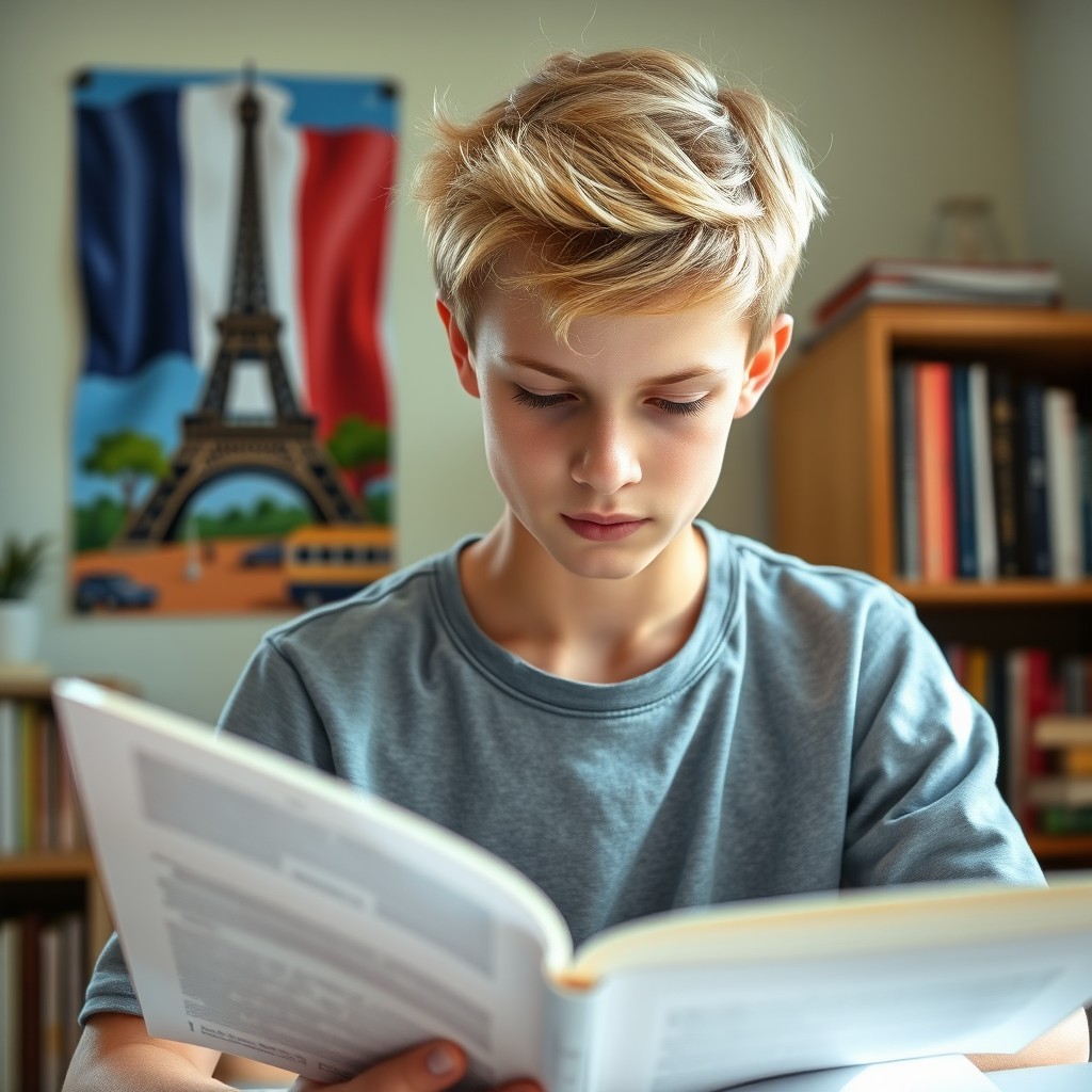 A 16-year-old blonde boy intently studying French from a textbook, showcasing determination and concentration