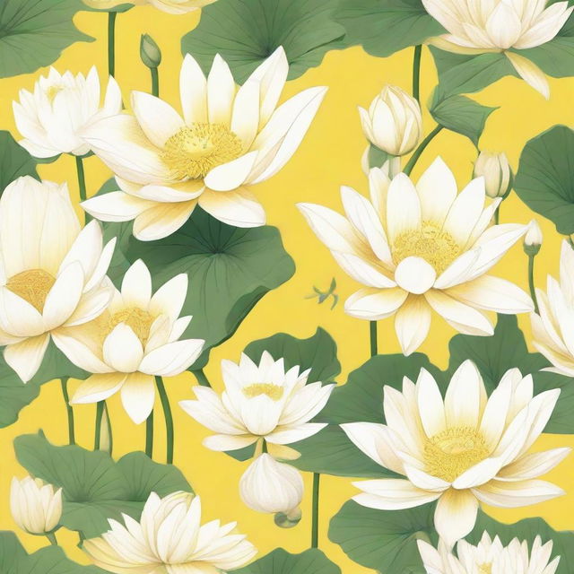 A bright yellow background featuring numerous delicate white lotuses.