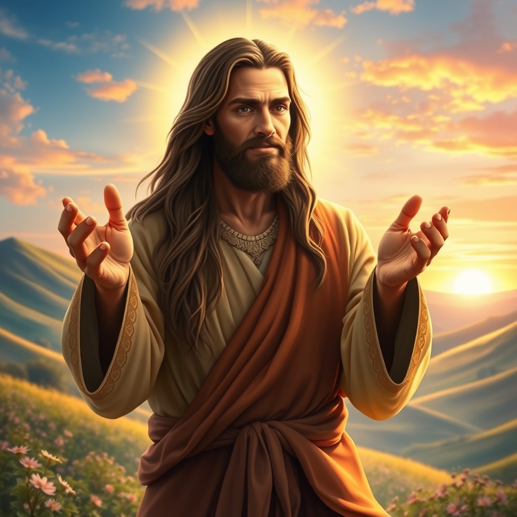 A dynamic and vibrant portrayal of Jesus Lazaro, depicted as a charismatic figure with long flowing hair and a serene expression
