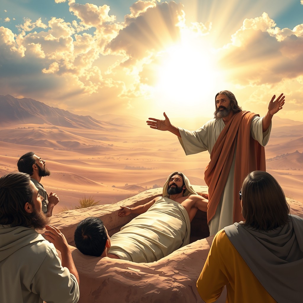 A dramatic and uplifting scene depicting Jesus raising Lazarus from the dead