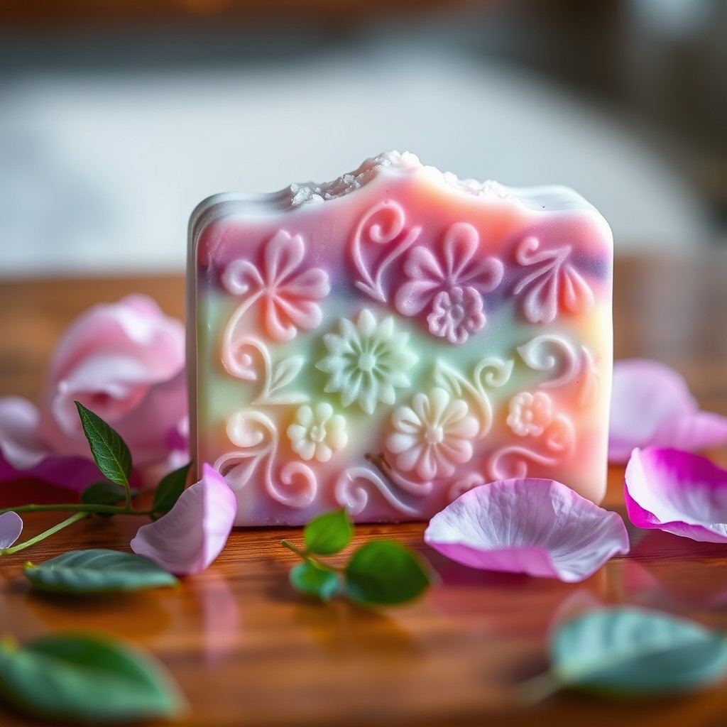 A beautifully designed boutique soap, elegantly shaped with intricate floral patterns embedded in the surface
