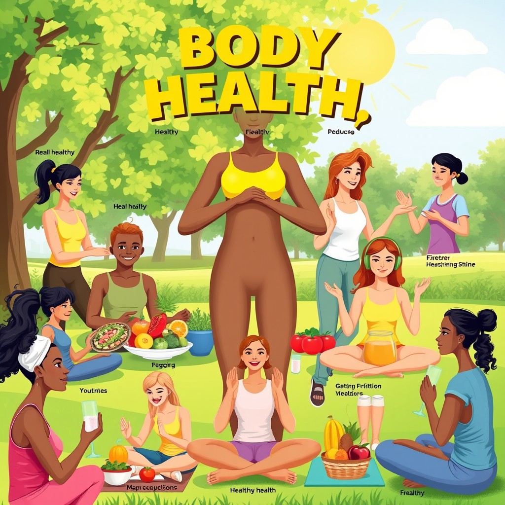 A vibrant and informative illustration depicting various aspects of body health