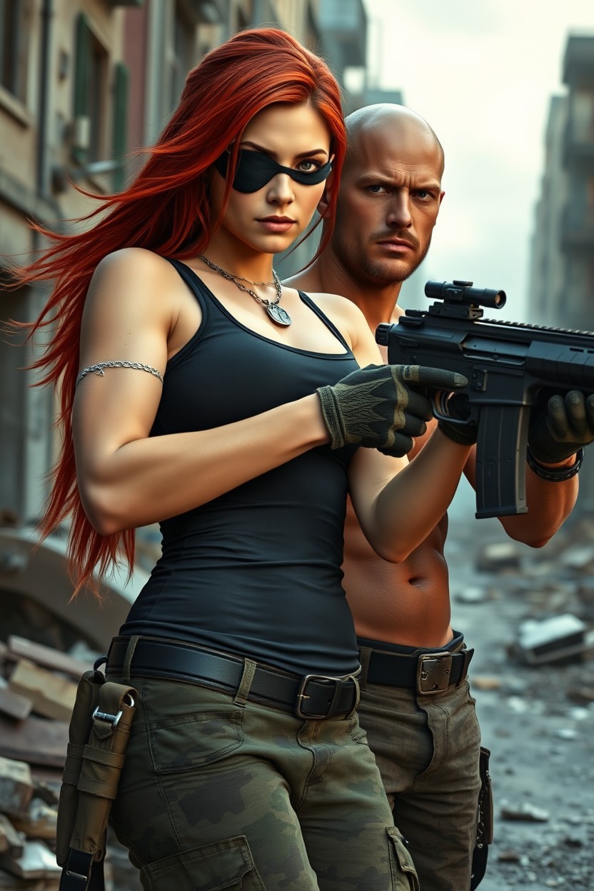 A realistic image of a beautiful 30-year-old woman with striking long loose red hair and an eye patch over her left eye