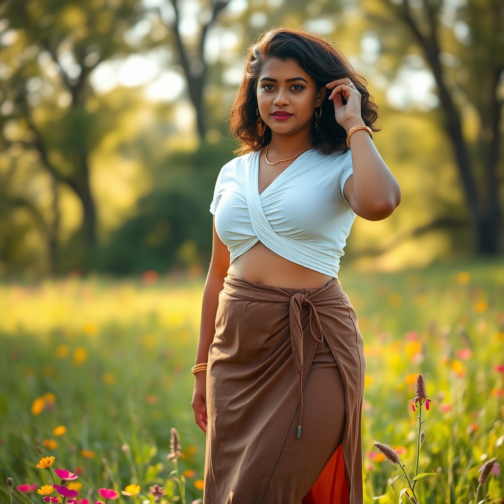 A confident curvy South Asian woman standing in a vibrant natural meadow, wearing a knotted white crop top and a high-slit brown wrap skirt
