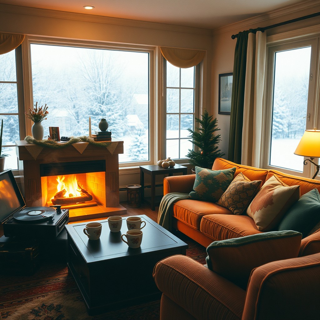 A cozy living room scene titled 'Warmth of the Moment', featuring a vintage VHS aesthetic