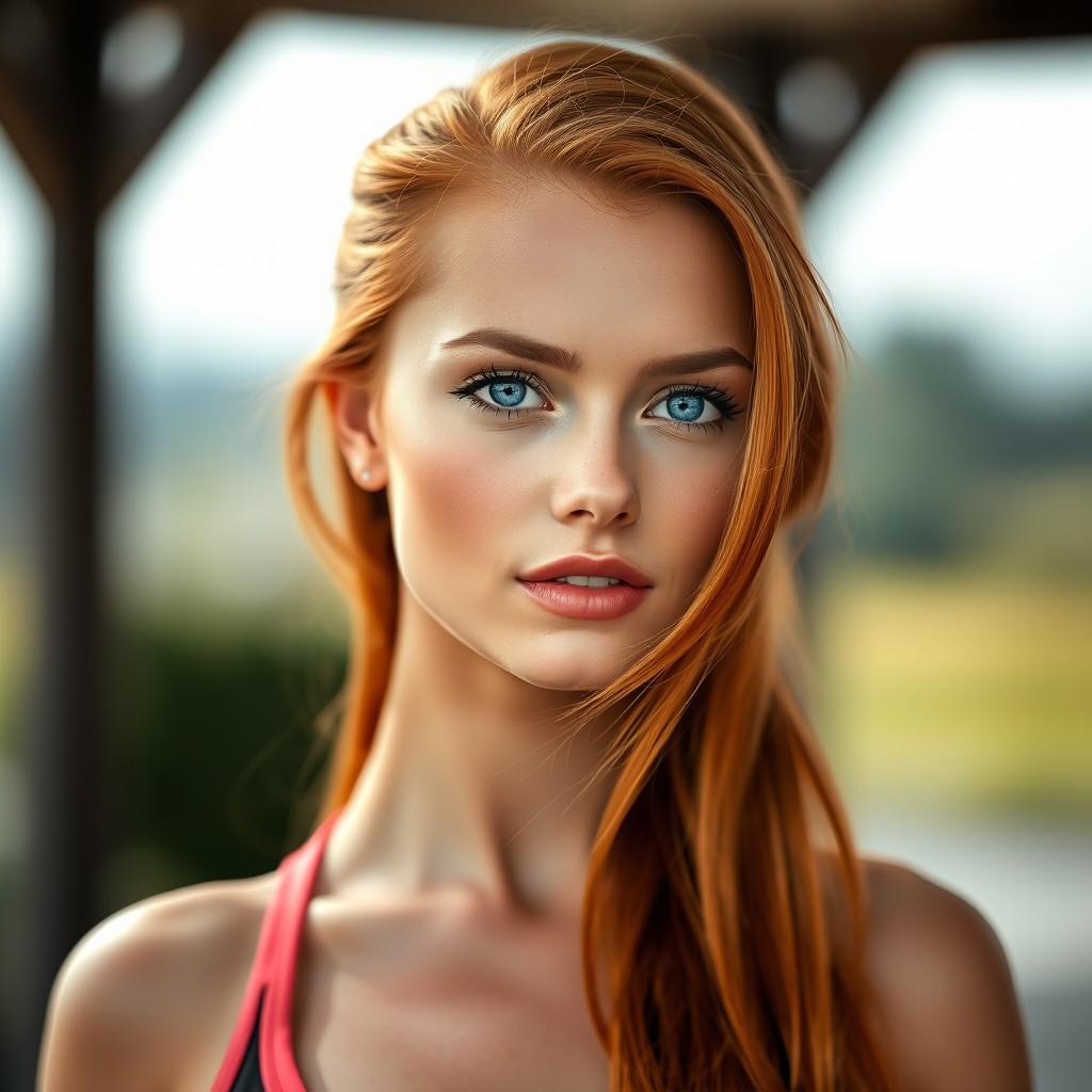 A realistic female model with a distinctive face, featuring beautiful blue eyes and long red hair