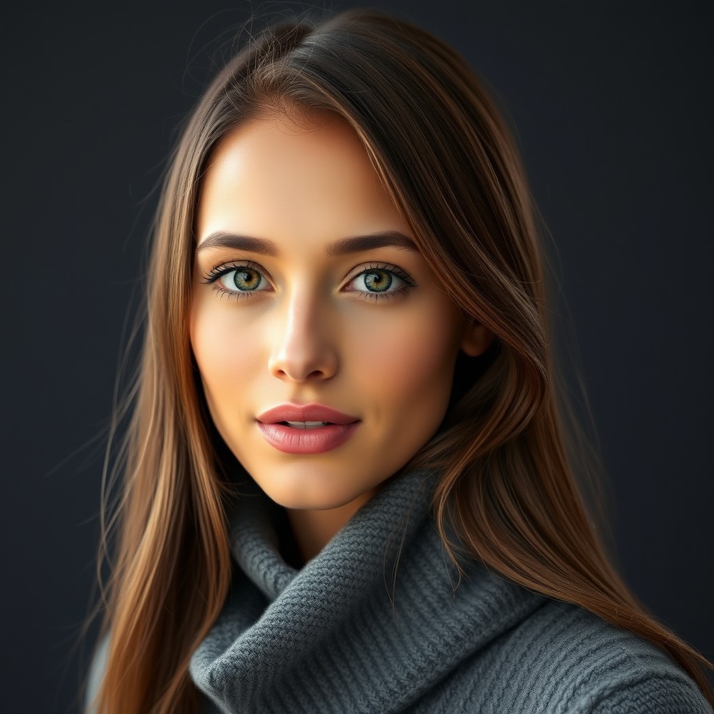 A beautiful female model with long brown hair, normal build, and striking facial features