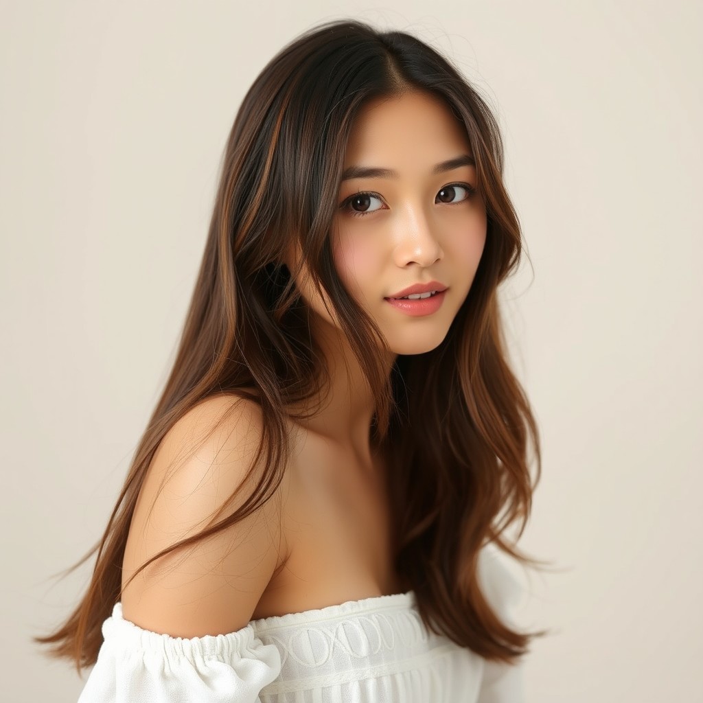 A beautiful Asian model with long brown hair and brown eyes