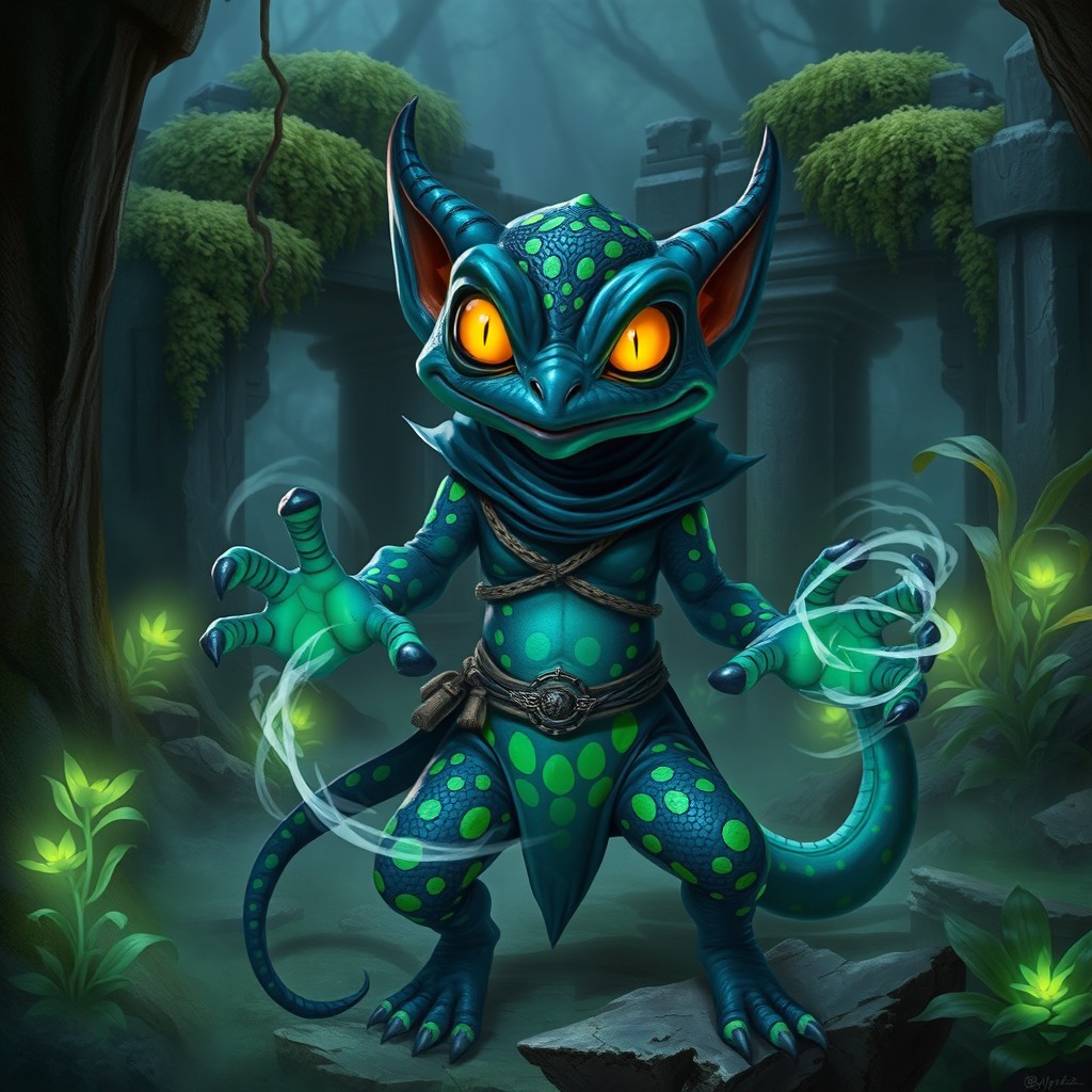 A dark blue Kobold sorcerer clad in an intricate gecko suit, showcasing vibrant green spots and a scaly texture