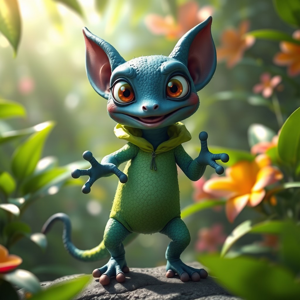 A whimsical and playful dark blue kobold resembling a gecko, dressed in a vibrant green gecko suit
