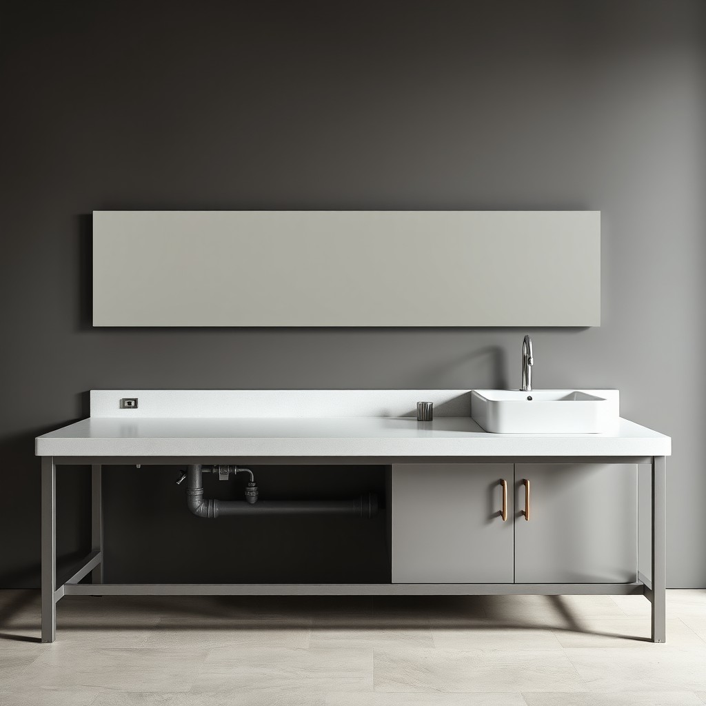 A long industrial-style countertop featuring a rectangular sink on the right side
