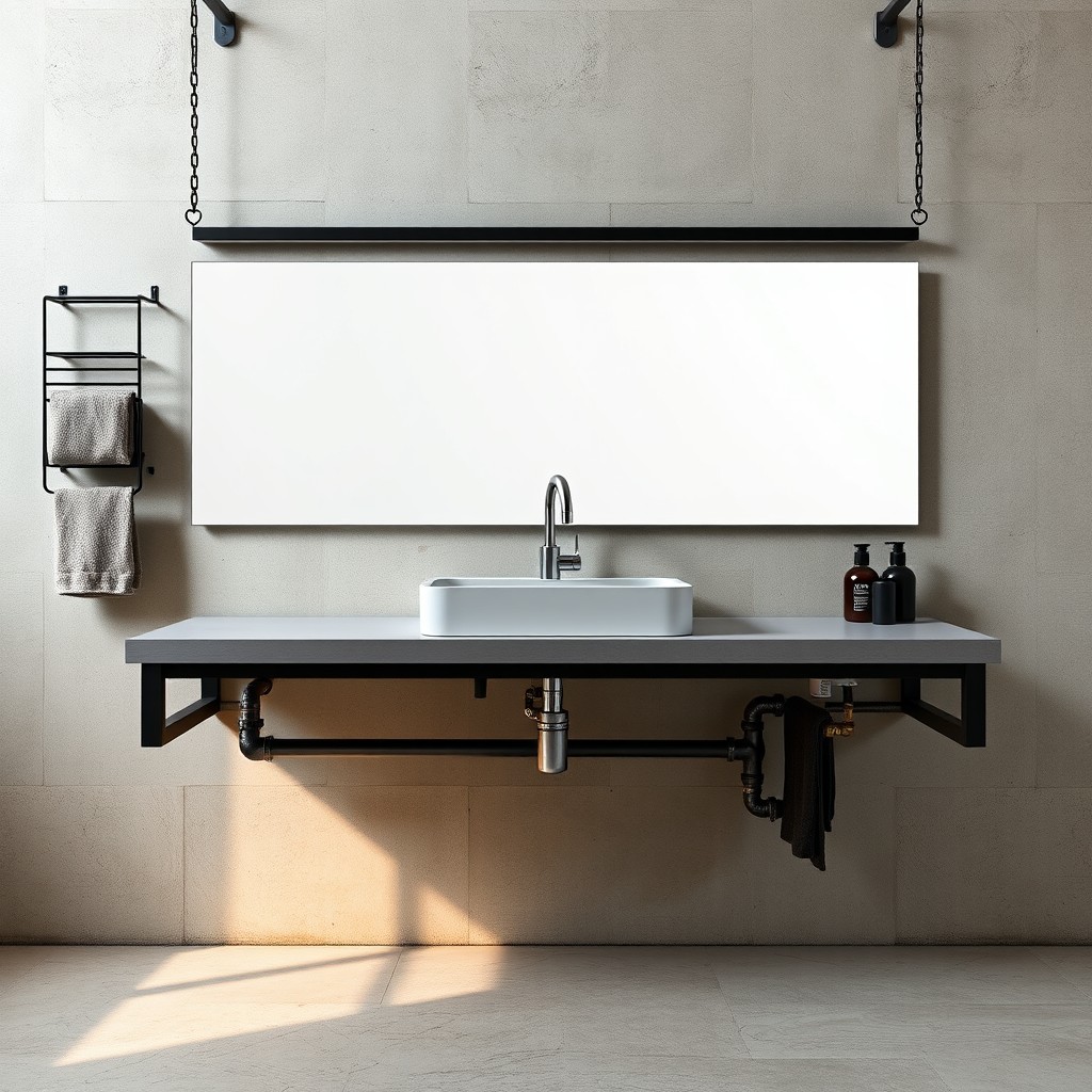 A hanging industrial-style countertop positioned more to the left side of the scene, featuring a rectangular sink located in the center of a long rectangular mirror