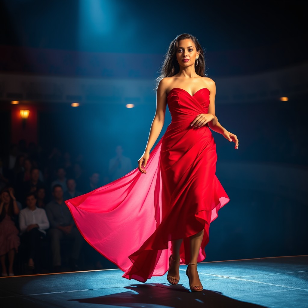 A stunning Pernambuco actress elegantly entering a stage wearing a gorgeous red dress
