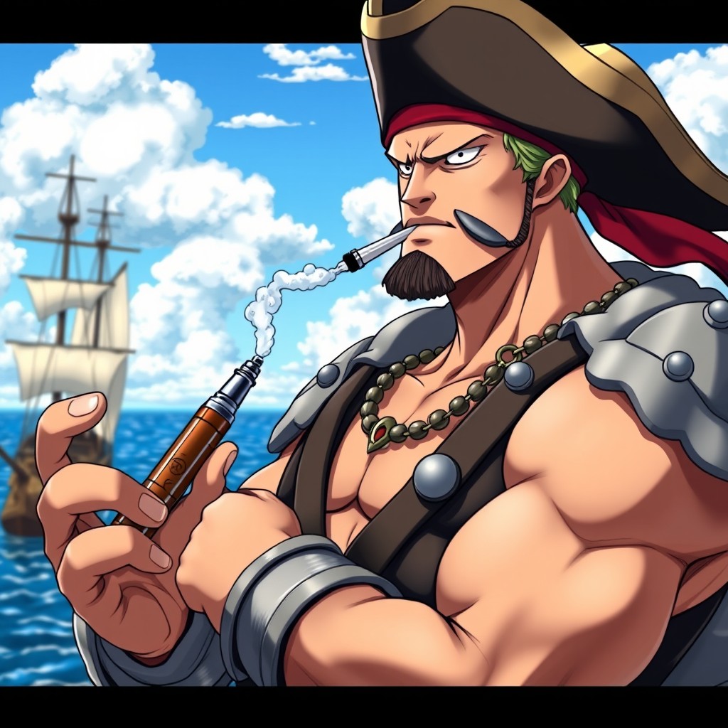 A detailed depiction of Don Krieg from One Piece, dressed in his signature pirate attire, featuring his distinctive armor and bandana