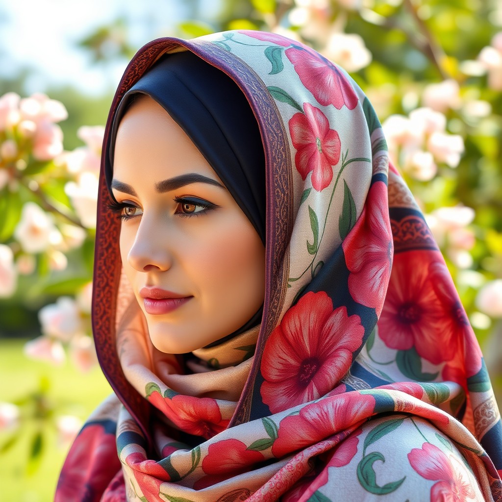 A beautifully styled hijab, made from luxurious fabric, intricately patterned with floral designs in vibrant colors